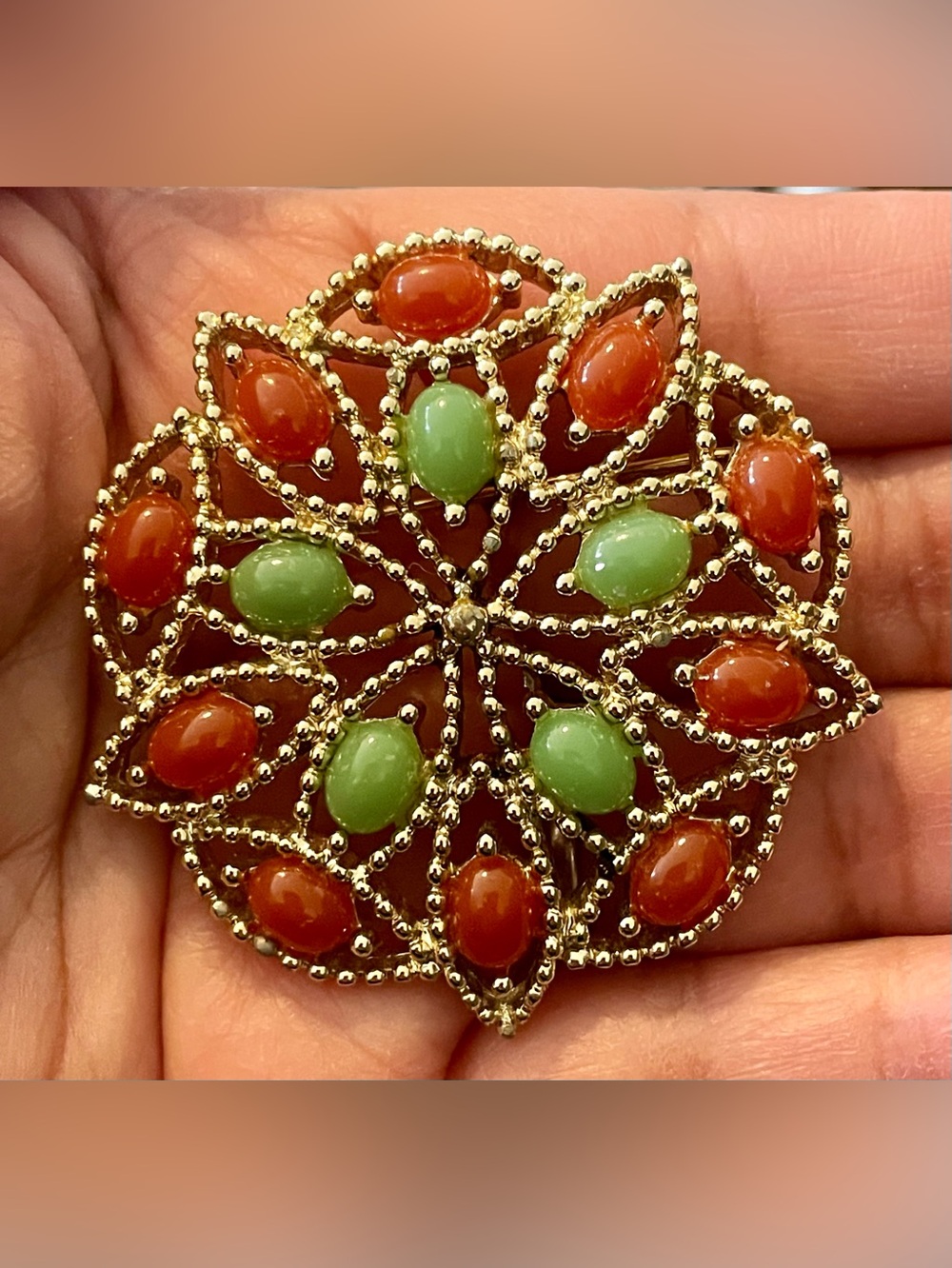Sarah Coventry Gold-Tone Floral Brooch with Green and Coral Cabochons